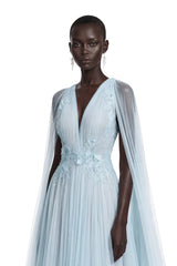 Ophelia Ice Blue Mesh Ruched Maxi Dress with Cape