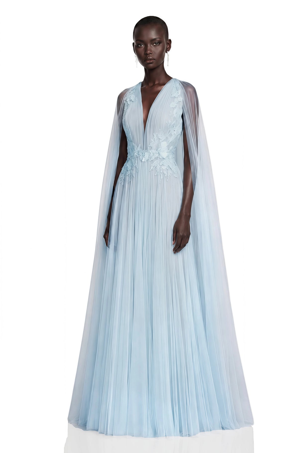 Ophelia Ice Blue Mesh Ruched Maxi Dress with Cape