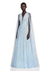 Ophelia Ice Blue Mesh Ruched Maxi Dress with Cape