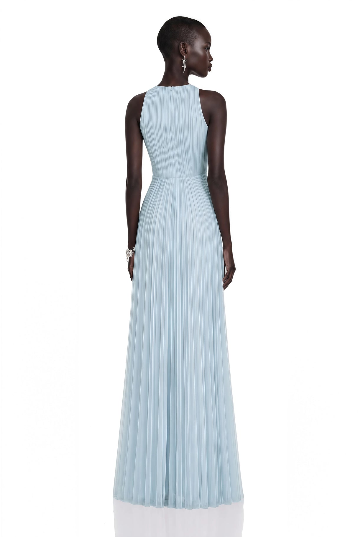 Ophelia Ice Blue Mesh Ruched Maxi Dress with Cape