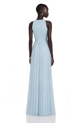 Ophelia Ice Blue Mesh Ruched Maxi Dress with Cape