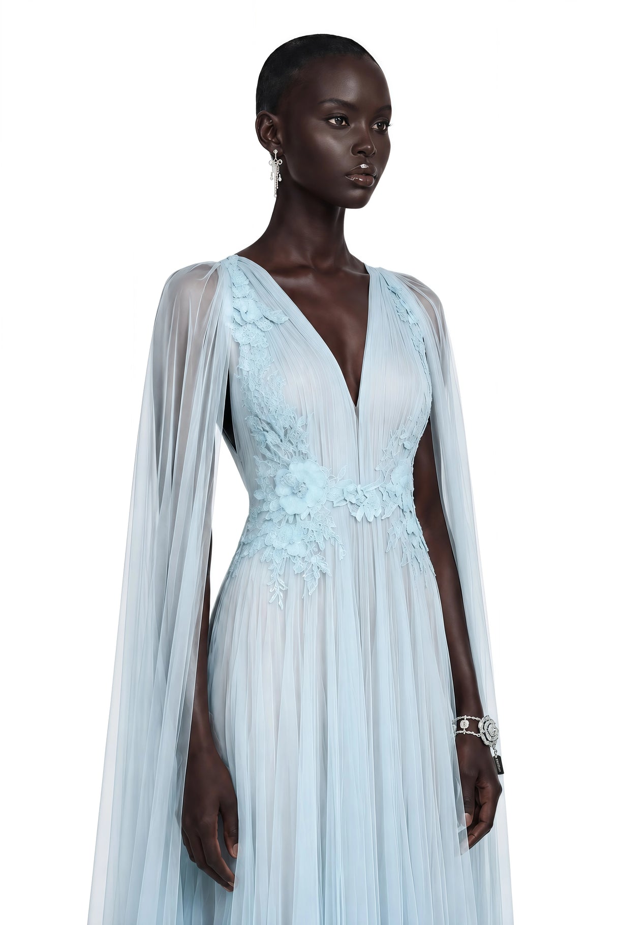 Ophelia Ice Blue Mesh Ruched Maxi Dress with Cape
