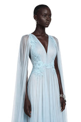 Ophelia Ice Blue Mesh Ruched Maxi Dress with Cape