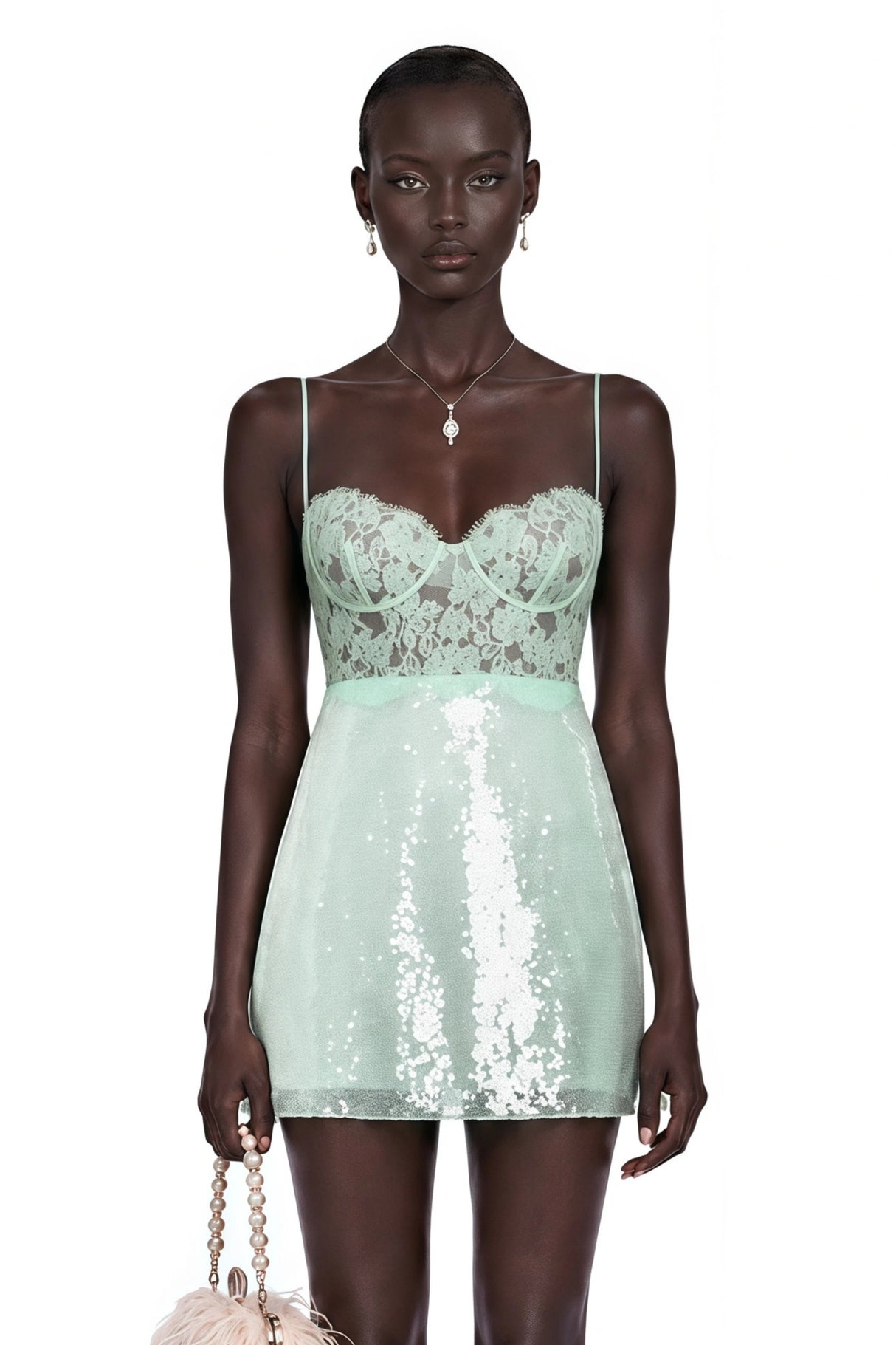 Ophelia Mint Green Lace Bustier Sequin Mini Dress