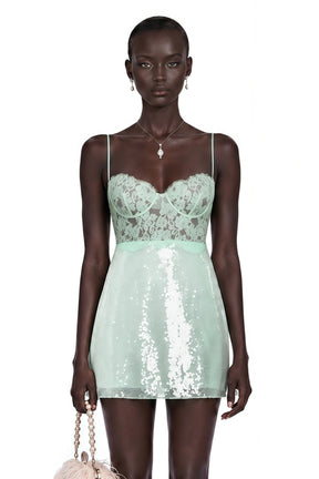 Ophelia Mint Green Lace Bustier Sequin Mini Dress
