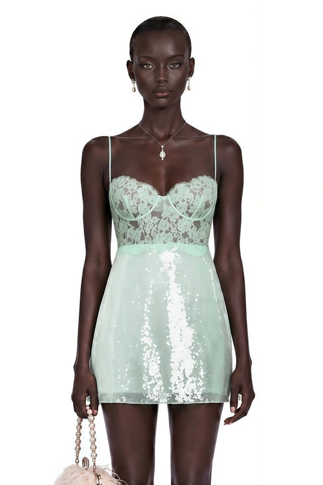 Ophelia Mint Green Lace Bustier Sequin Mini Dress
