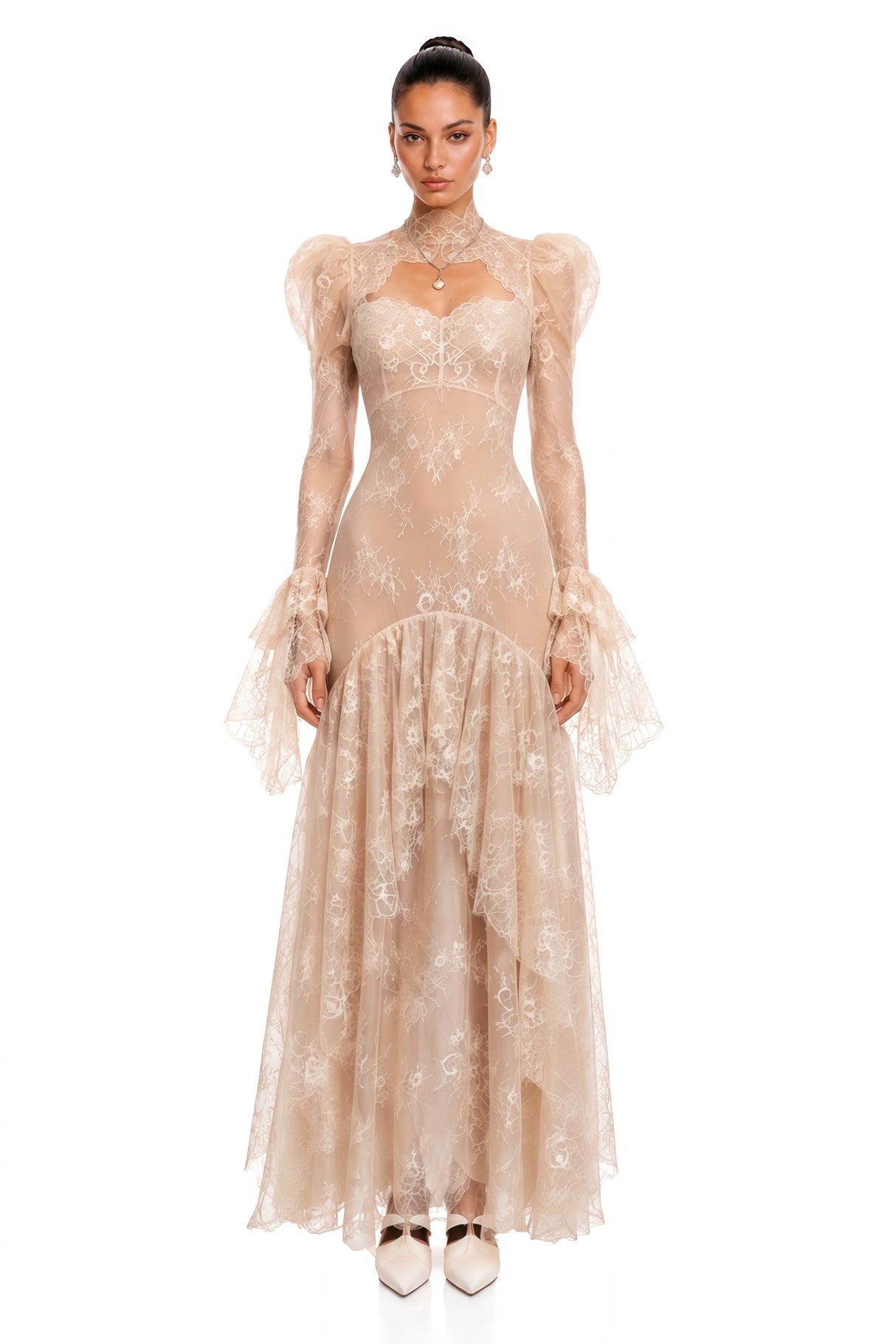Ophelia Neutral Mock Neck Lace Maxi Dress