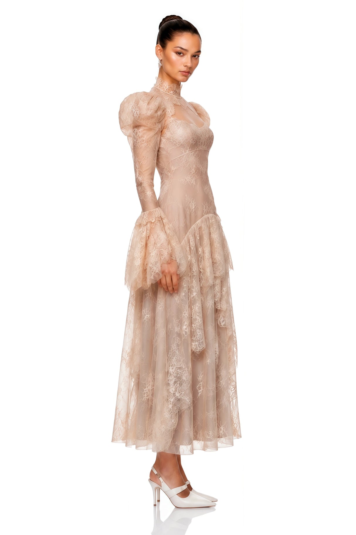 Ophelia Neutral Mock Neck Lace Maxi Dress