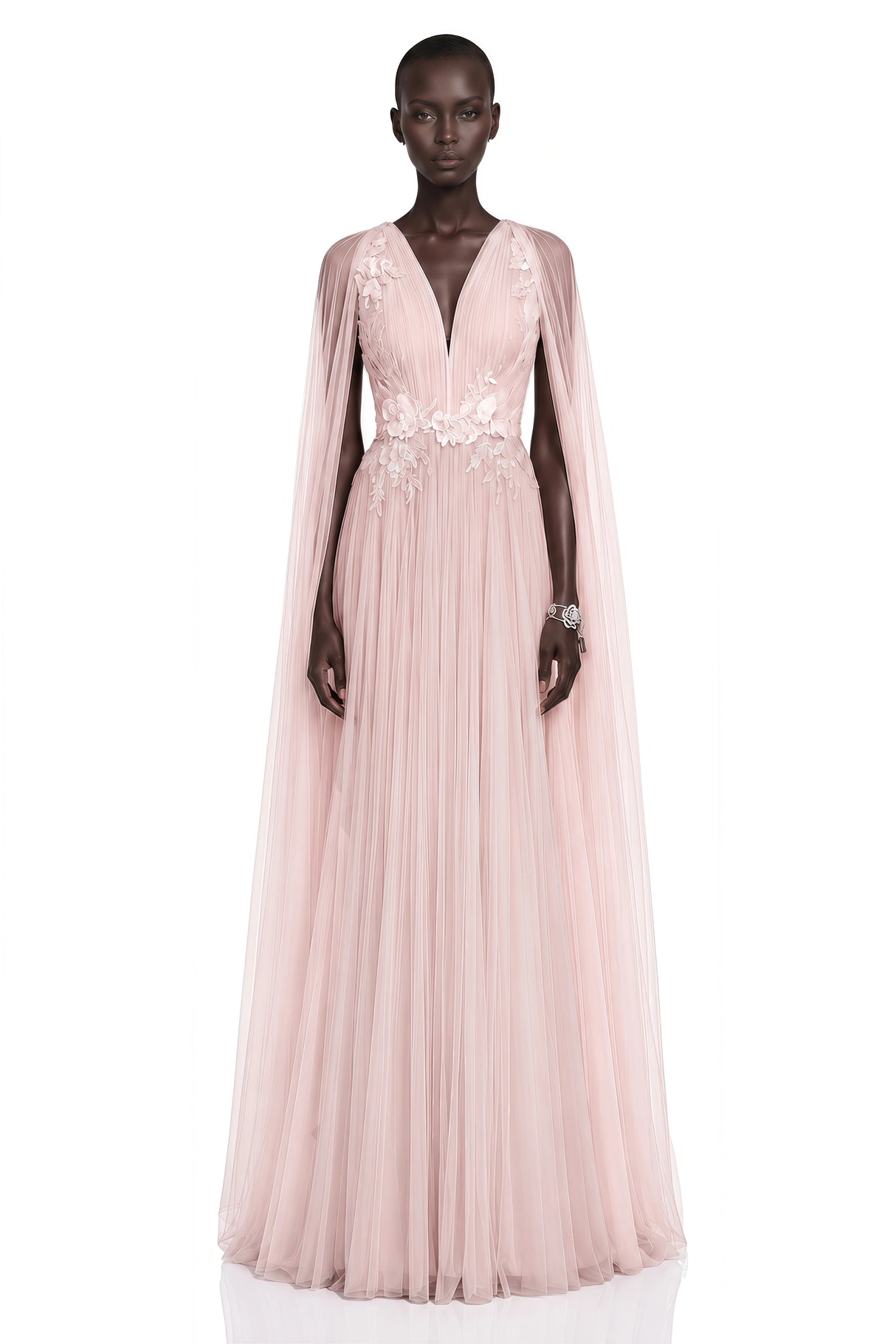 Ophelia Pink Mesh Ruched Maxi Dress with Cape