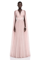 Ophelia Pink Mesh Ruched Maxi Dress with Cape