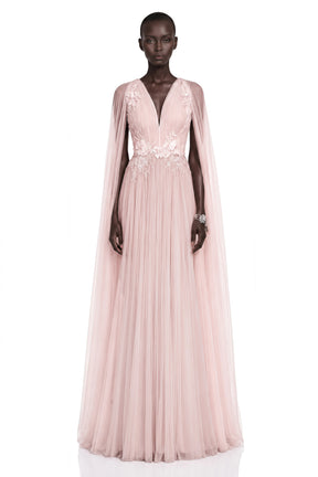 Ophelia Pink Mesh Ruched Maxi Dress with Cape