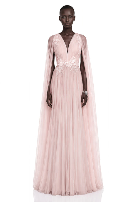 Liana Maxi Dress Pink Mesh Ruched with Cape