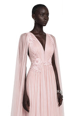 Ophelia Pink Mesh Ruched Maxi Dress with Cape