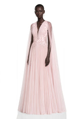 Ophelia Pink Mesh Ruched Maxi Dress with Cape