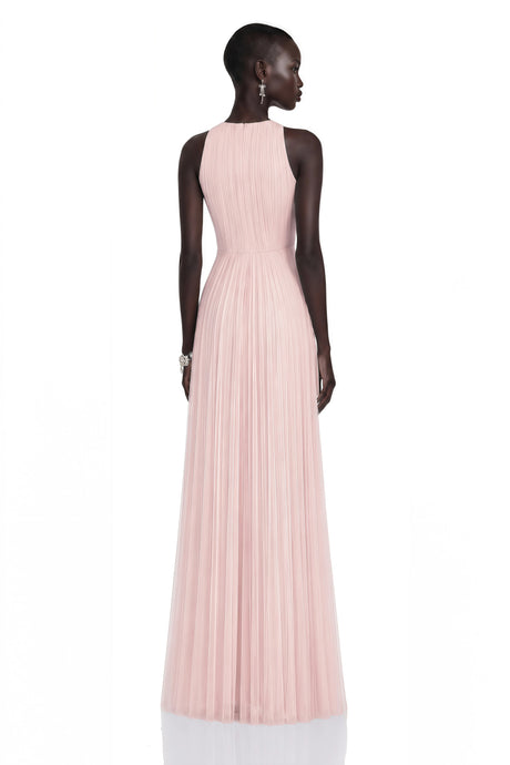 Liana Maxi Dress Pink Mesh Ruched with Cape