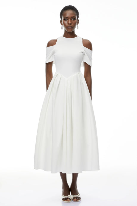 Gelsomina Midi Dress White Pleated with Self-tie