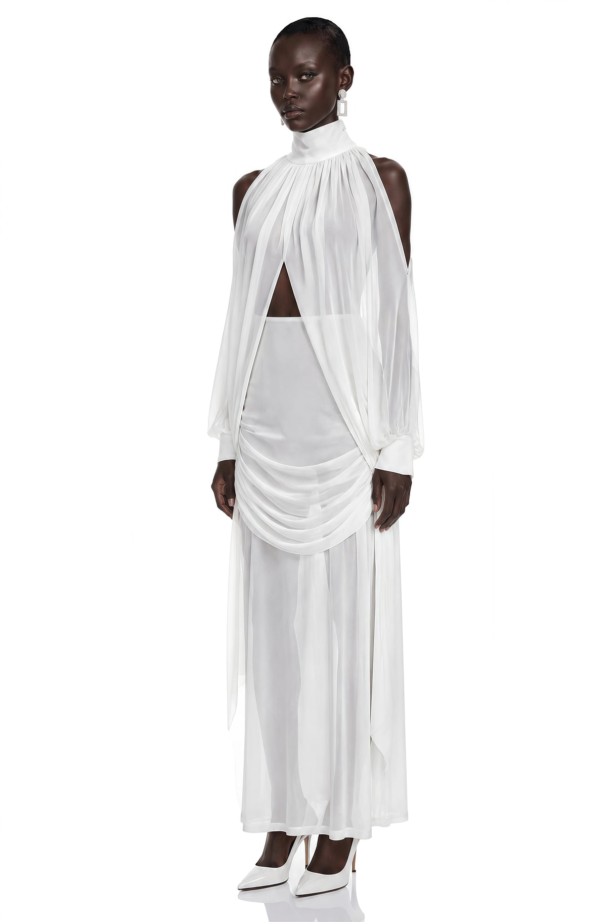 Ophelia White Turtleneck Ruched Top  Skirt Set