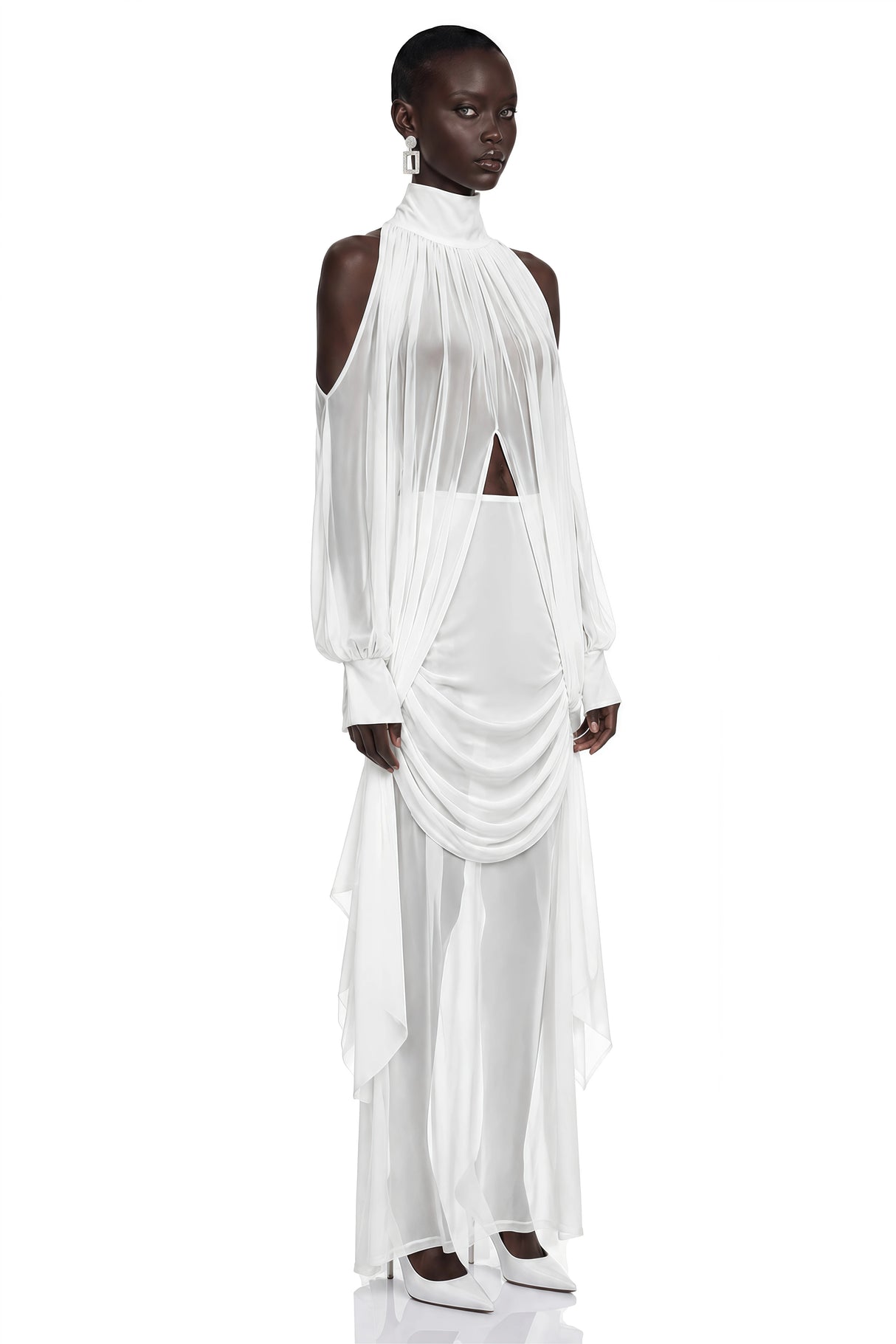 Ophelia White Turtleneck Ruched Top  Skirt Set