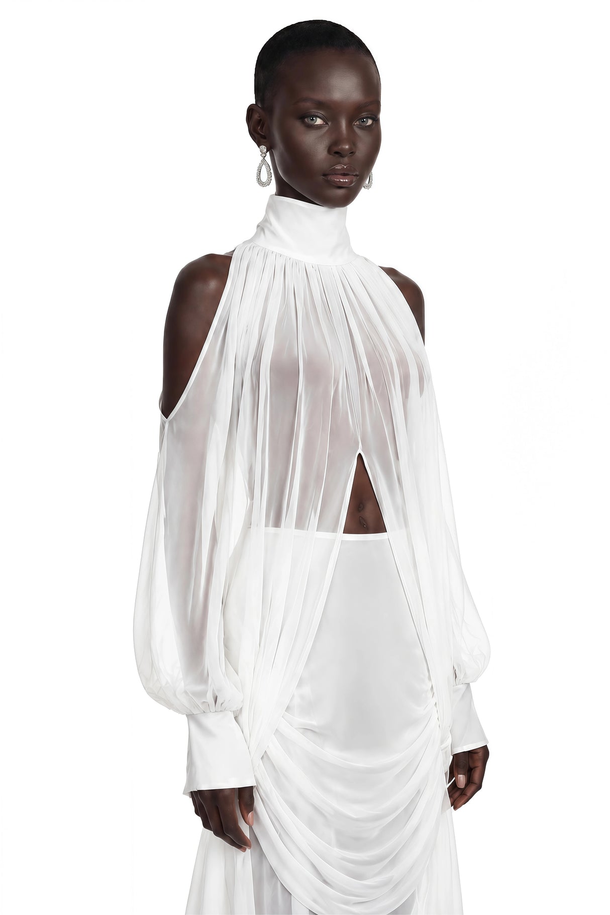 Ophelia White Turtleneck Ruched Top  Skirt Set