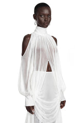 Ophelia White Turtleneck Ruched Top  Skirt Set