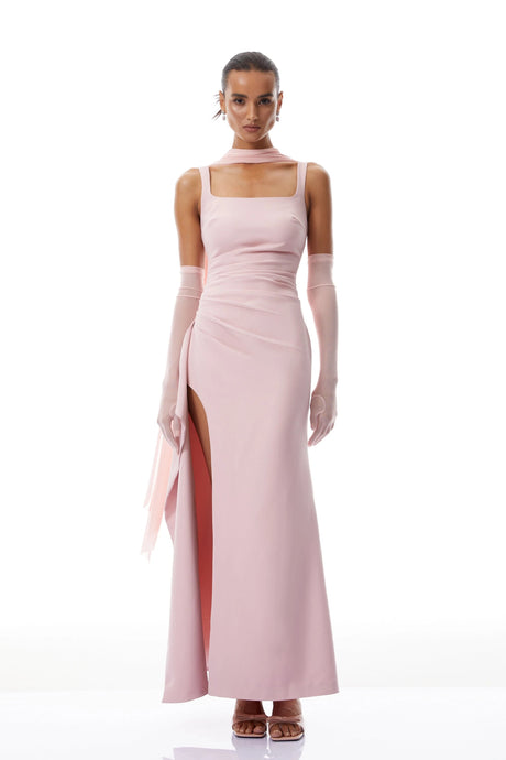 Angela Maxi Dress Pink Scarf Detail Gathered