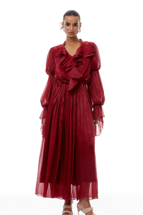 Cecilia Maxi Dress Red Glossy Ruffled Pleated