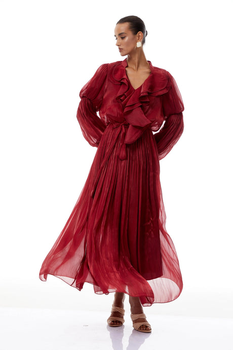Cecilia Maxi Dress Red Glossy Ruffled Pleated