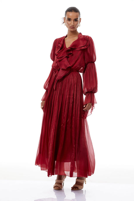 Cecilia Maxi Dress Red Glossy Ruffled Pleated