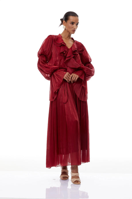 Cecilia Maxi Dress Red Glossy Ruffled Pleated