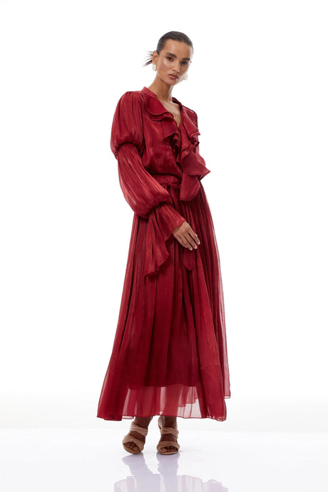 Cecilia Maxi Dress Red Glossy Ruffled Pleated
