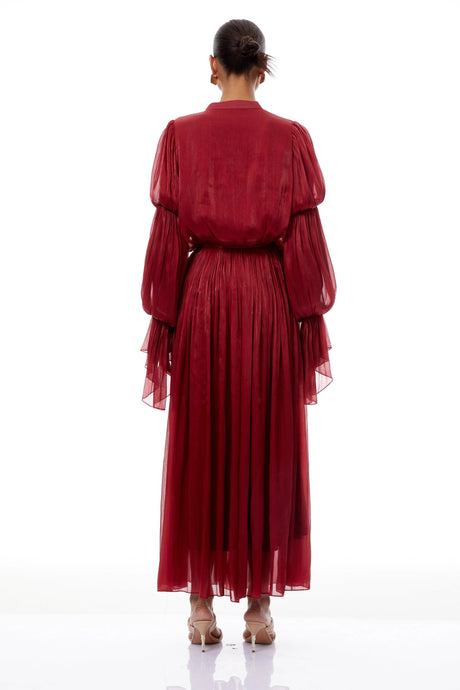 Cecilia Maxi Dress Red Glossy Ruffled Pleated
