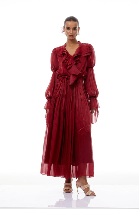 Cecilia Maxi Dress Red Glossy Ruffled Pleated