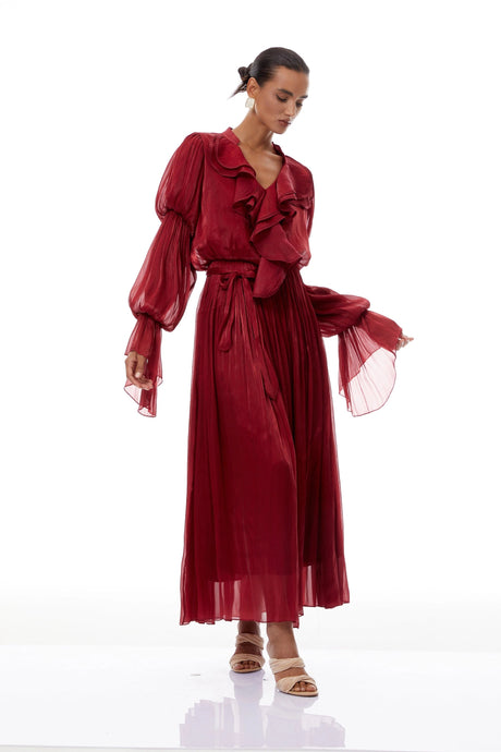 Cecilia Maxi Dress Red Glossy Ruffled Pleated