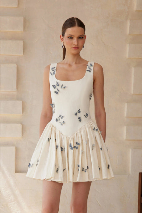 Amaya Mini Dress White Butterfly Embroidered