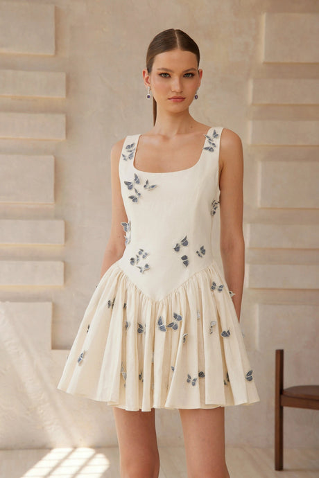 Amaya Mini Dress White Butterfly Embroidered