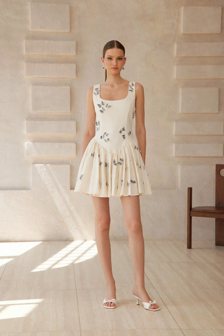 Amaya Mini Dress White Butterfly Embroidered