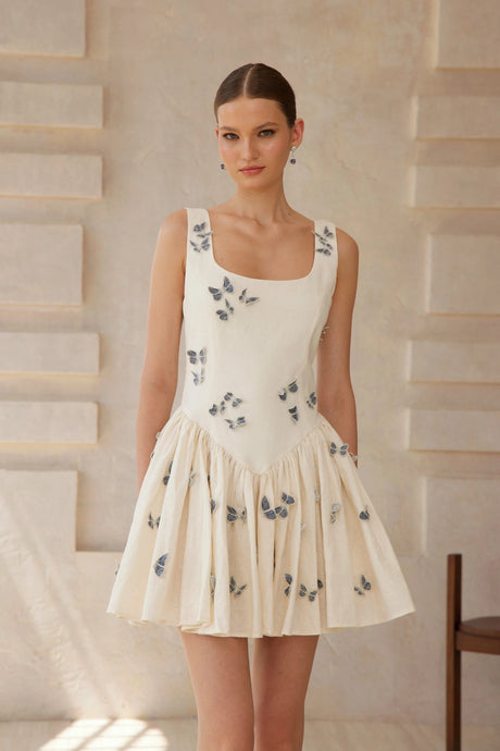 Amaya Mini Dress White Butterfly Embroidered