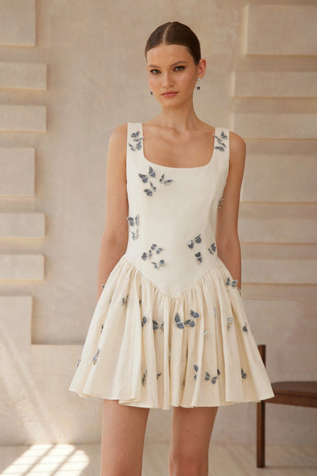 Amaya Mini Dress White Butterfly Embroidered