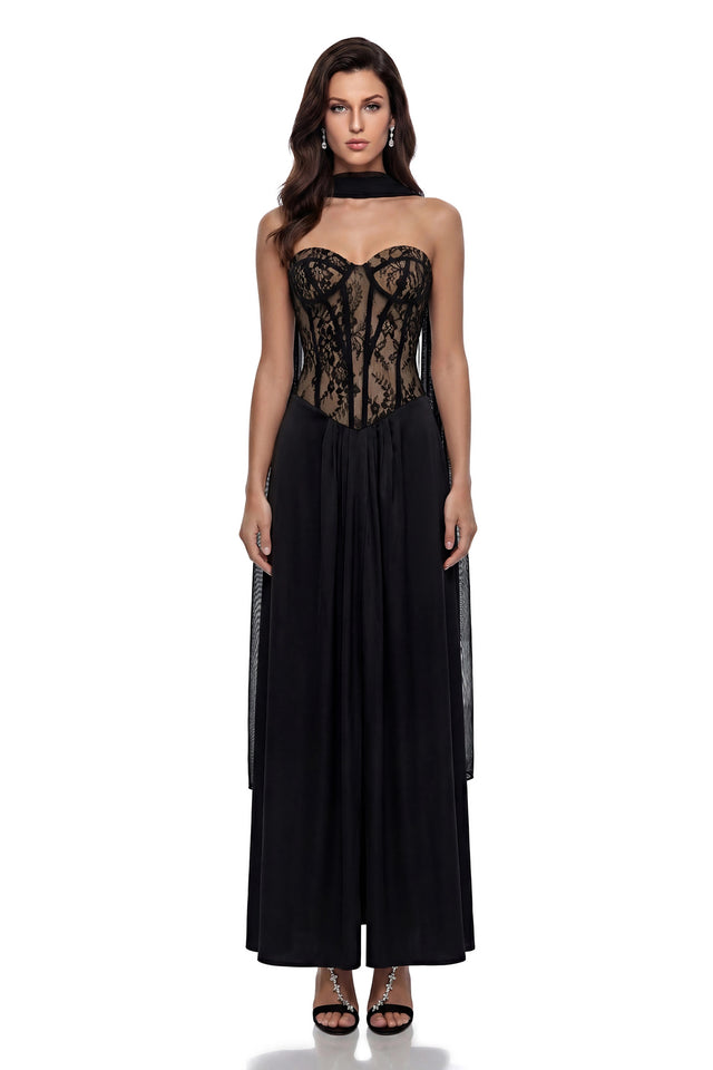 Oria Black SemiSheer Lace Panel Maxi Dress