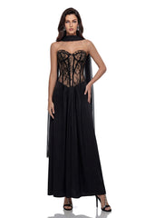 Oria Black SemiSheer Lace Panel Maxi Dress