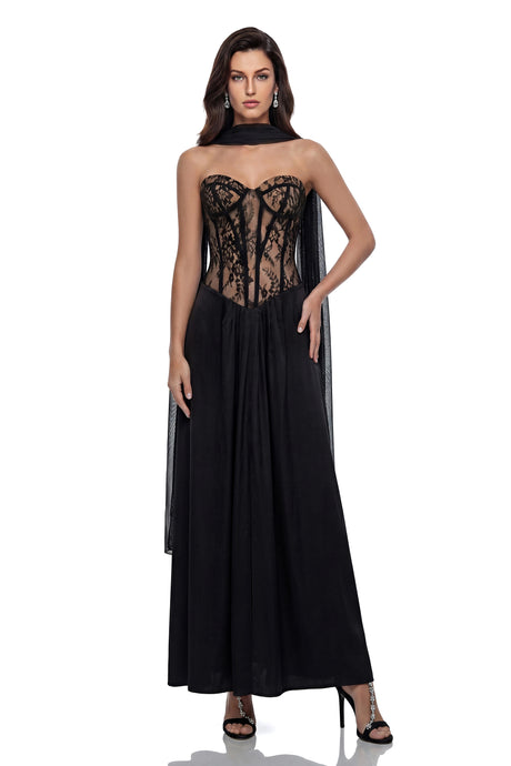 Gemma Maxi Dress Black Semi-Sheer Lace Panel