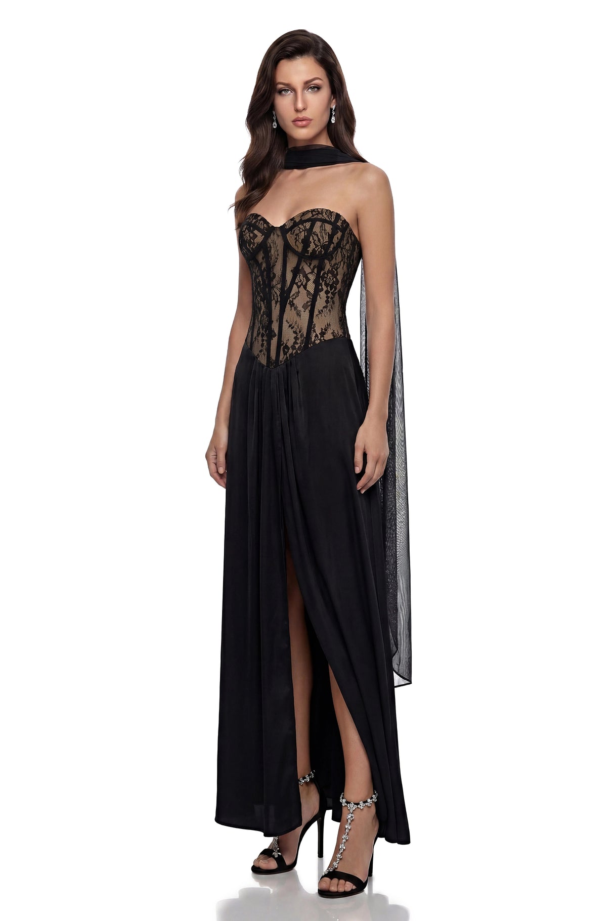 Oria Black SemiSheer Lace Panel Maxi Dress