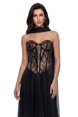 Oria Black SemiSheer Lace Panel Maxi Dress