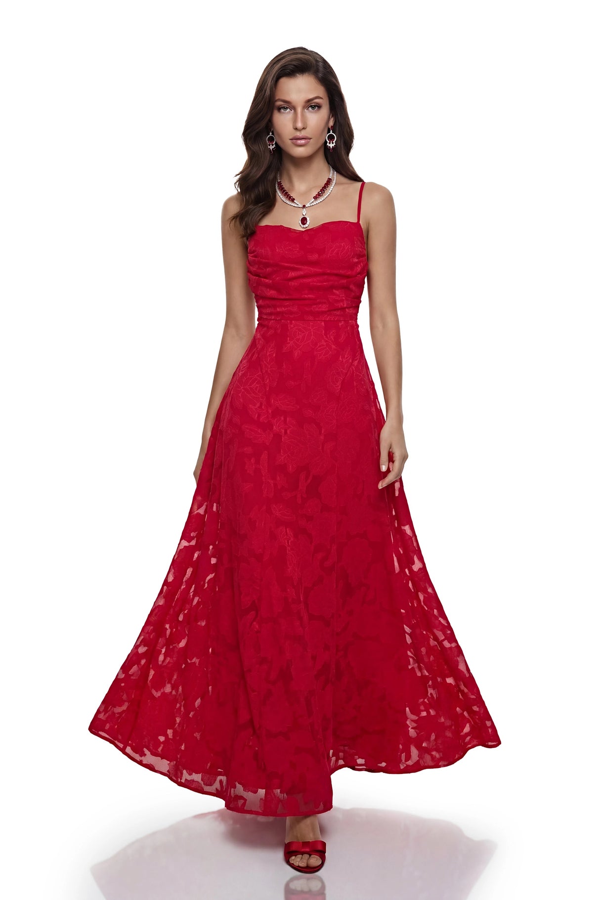 Oriane Red Floral Lace Maxi Dress