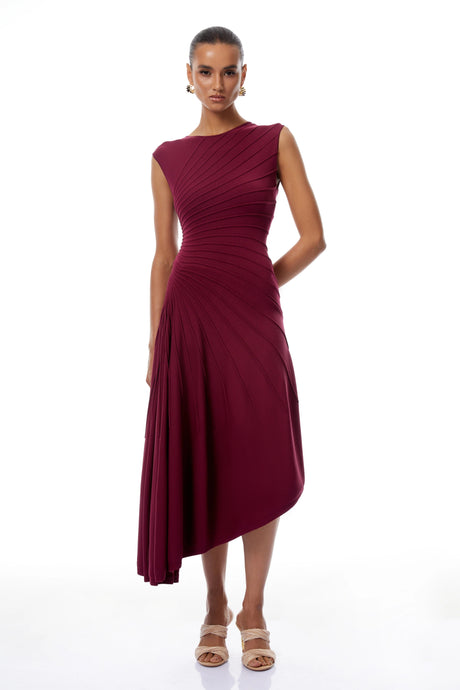 Sophia Midi Dress Burgundy Asymmetrical Draped Knit