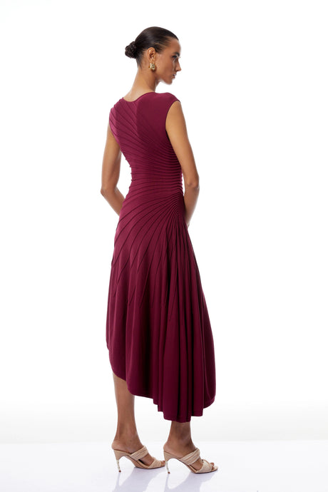 Sophia Midi Dress Burgundy Asymmetrical Draped Knit