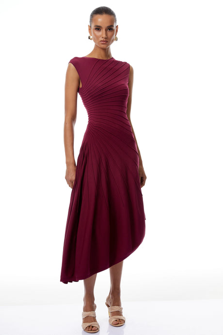 Sophia Midi Dress Burgundy Asymmetrical Draped Knit