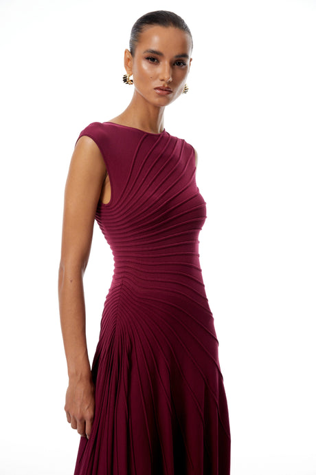Sophia Midi Dress Burgundy Asymmetrical Draped Knit