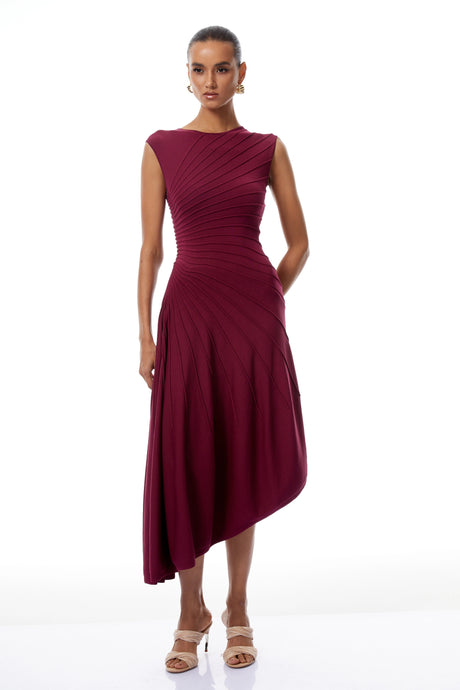 Sophia Midi Dress Burgundy Asymmetrical Draped Knit