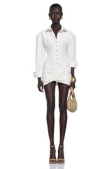 Orlane White CinchedWaist Pleated Mini Shirt Dress
